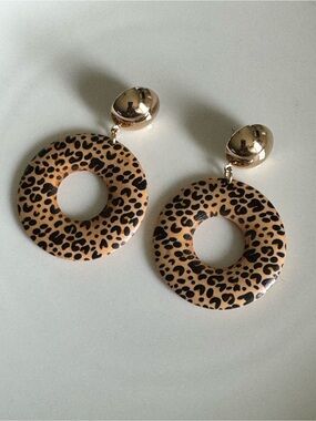 Leopard-Print Donut Drop Earrings with Gold Studs - Tan and Black